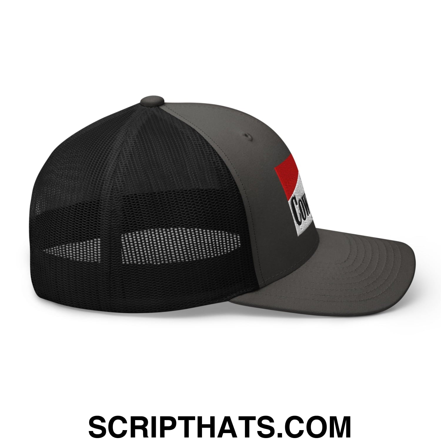 Dark gray cowpoke embroidered mesh trucker hat with black mesh back and red and white logo on the side