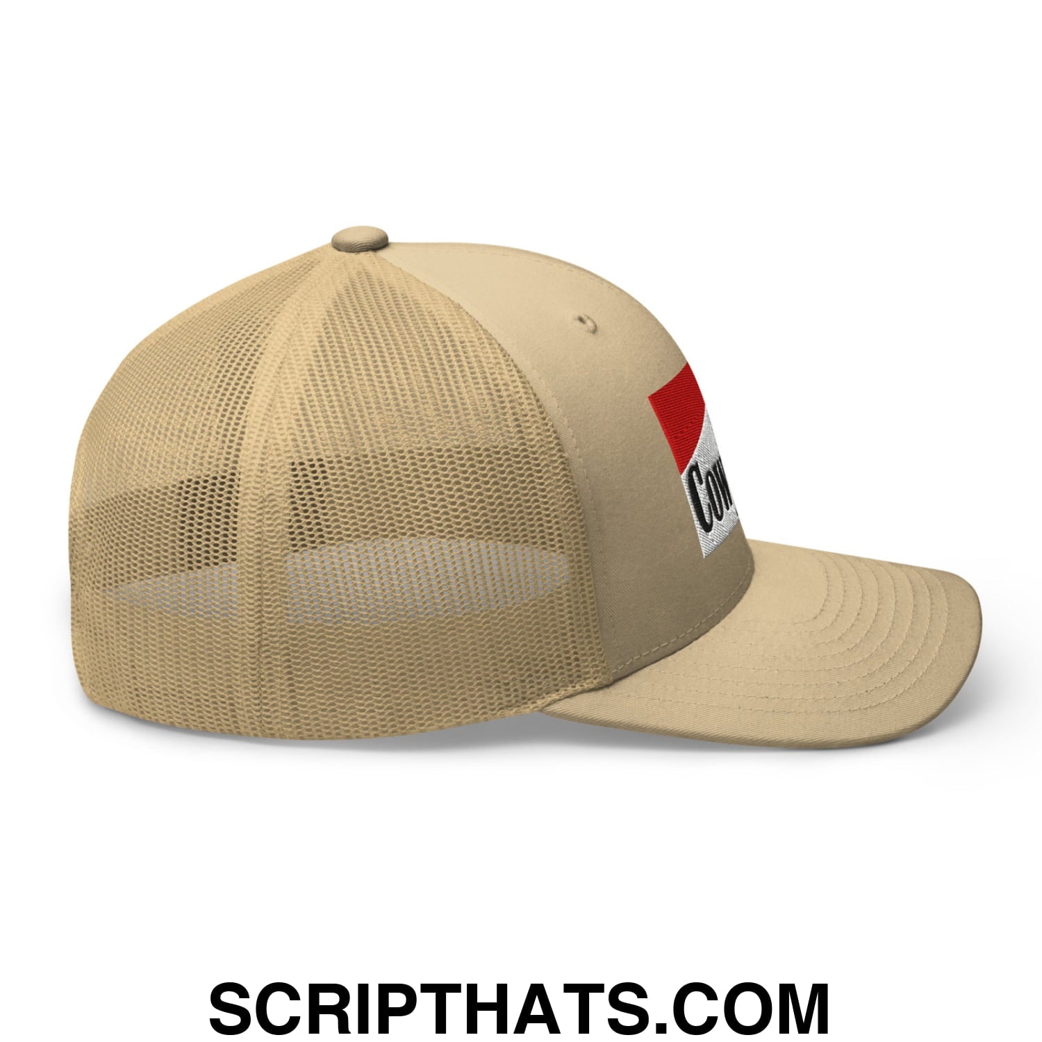 Beige cowpoke embroidered mesh trucker hat with a red and white logo patch on the side