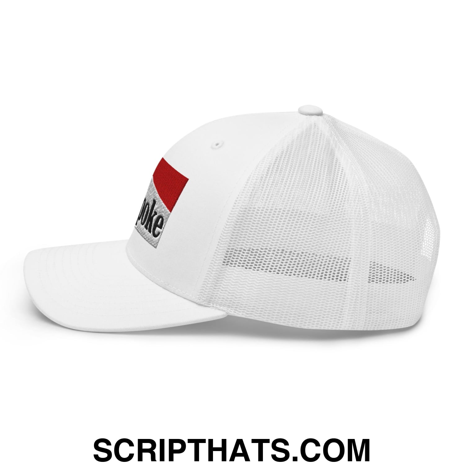 White cowpoke embroidered mesh trucker hat with red and silver embroidered patch on the side