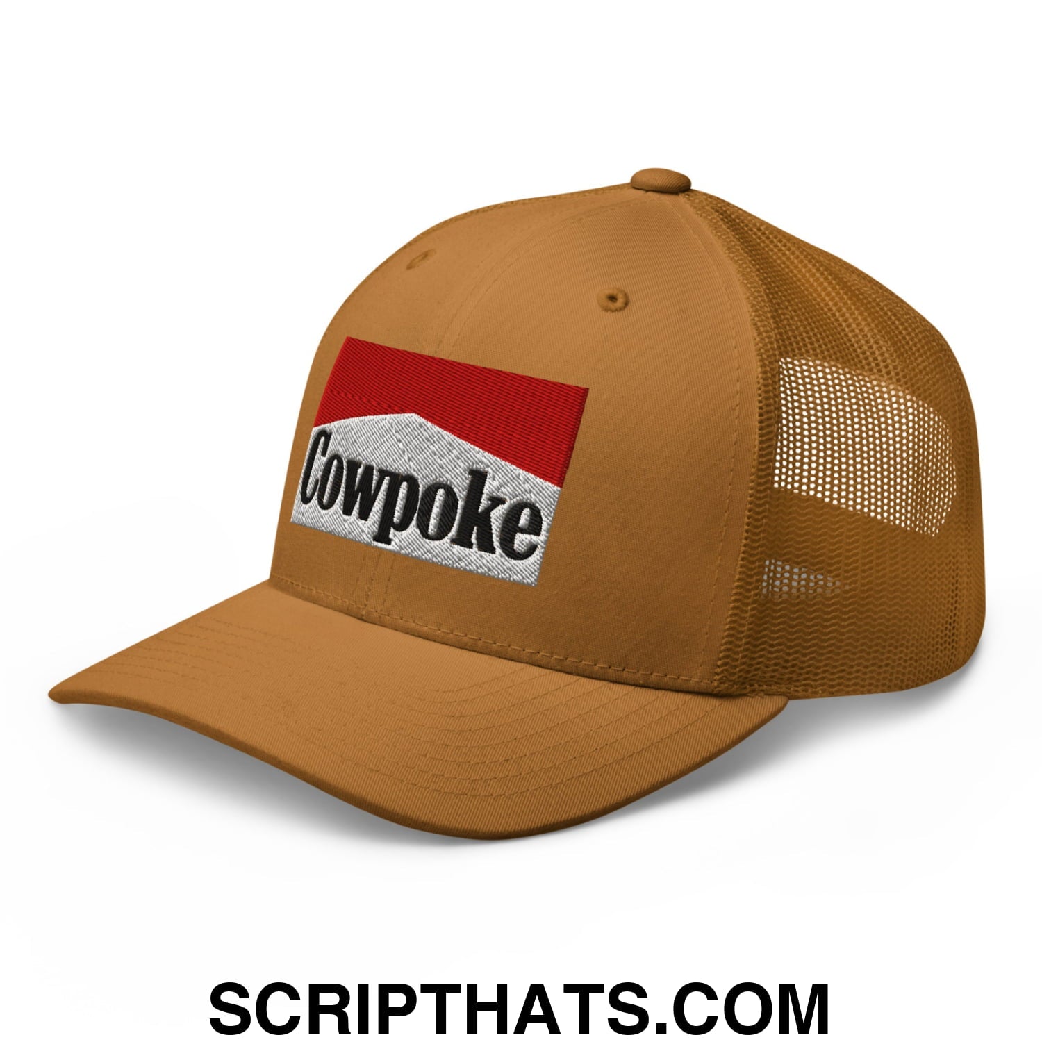 Tan mesh trucker hat with red and white embroidered cowpoke logo on the front panel for casual wear