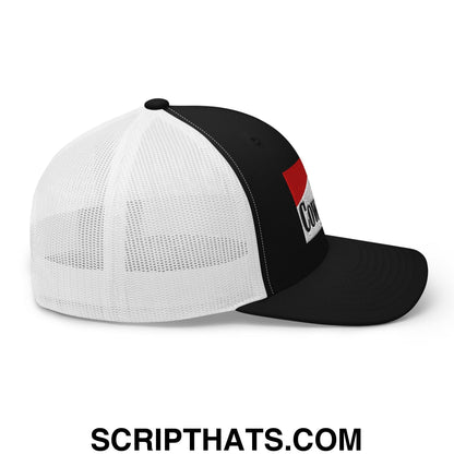 Black and white cowpoke embroidered mesh trucker hat with red and black logo patch on the side