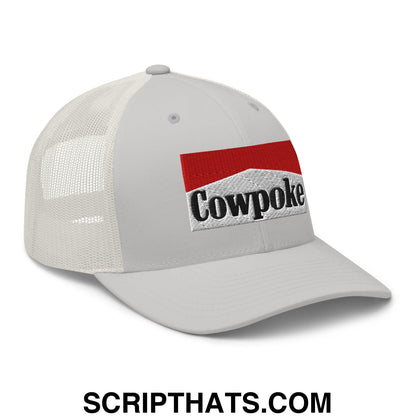 Gray mesh trucker hat with red and white embroidered cowpoke logo on the front for casual wear