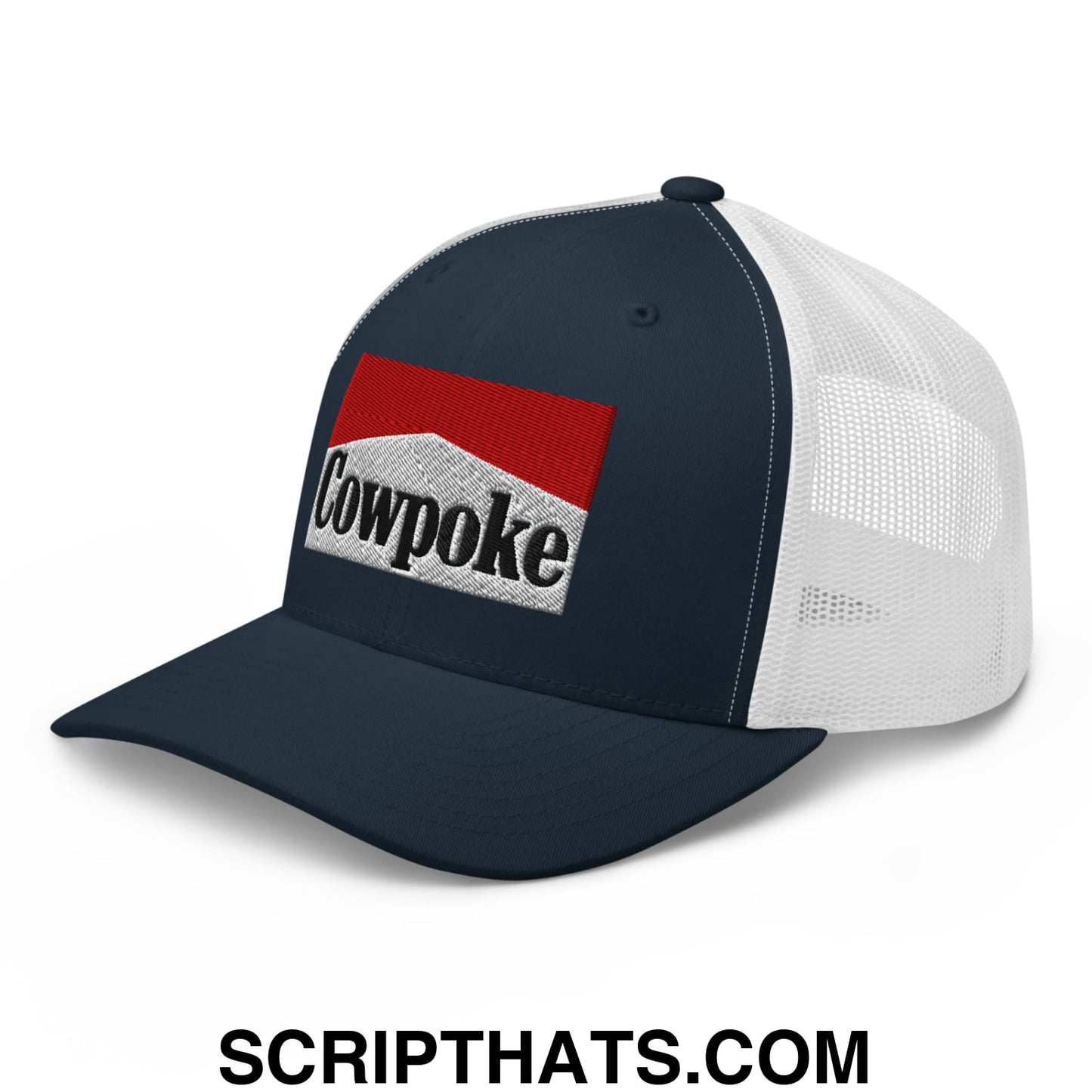 Navy blue and white mesh trucker hat with red and gray cowpoke embroidered logo patch front view