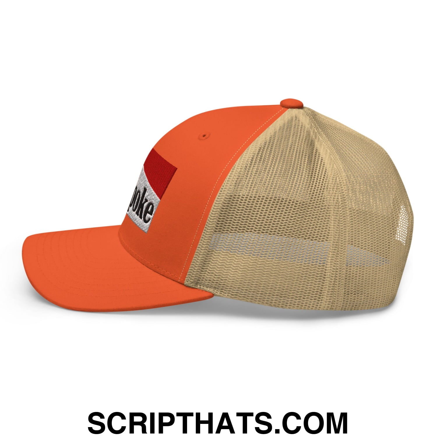 Cowpoke embroidered mesh trucker hat in orange and beige with a red white and black embroidered patch on the front