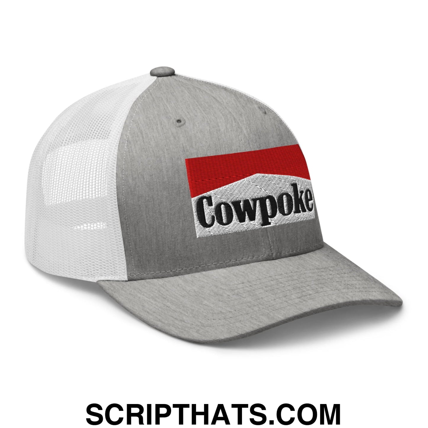 Gray and white mesh trucker hat with red and black cowpoke embroidered logo patch front view