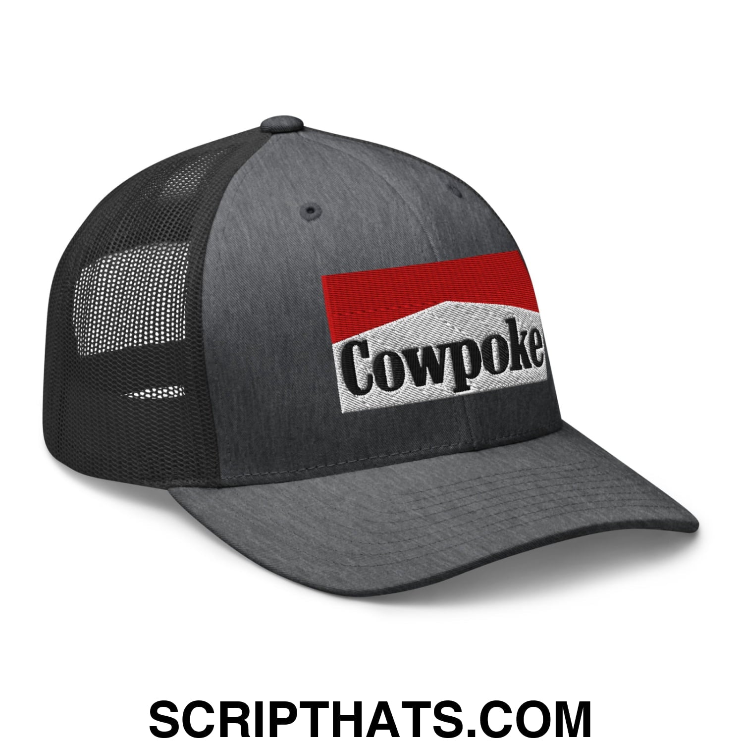 Dark gray mesh trucker hat with red and white embroidered cowpoke logo on the front panel