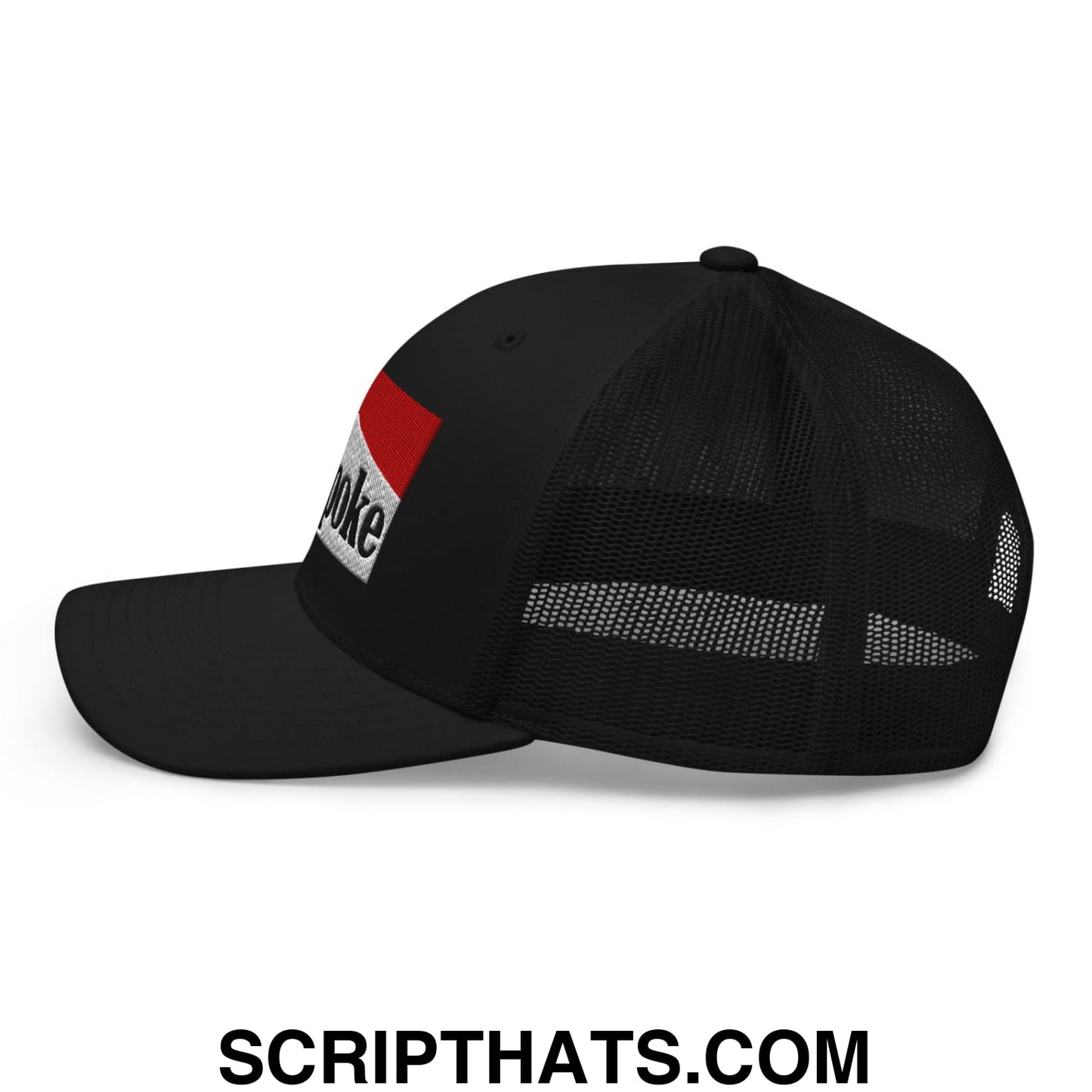 Black cowpoke embroidered mesh trucker hat with red and silver logo on front panel