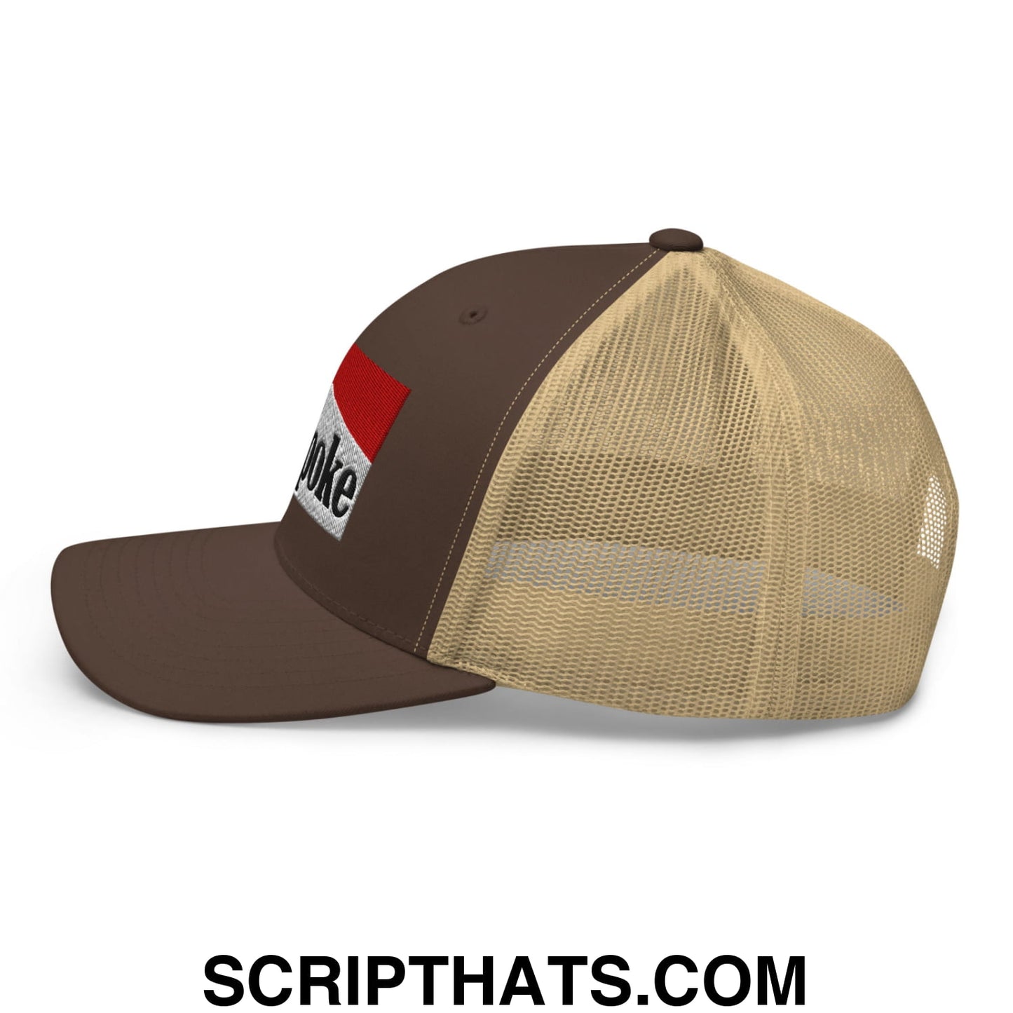 Brown and tan cowpoke embroidered mesh trucker hat with red white and black front patch
