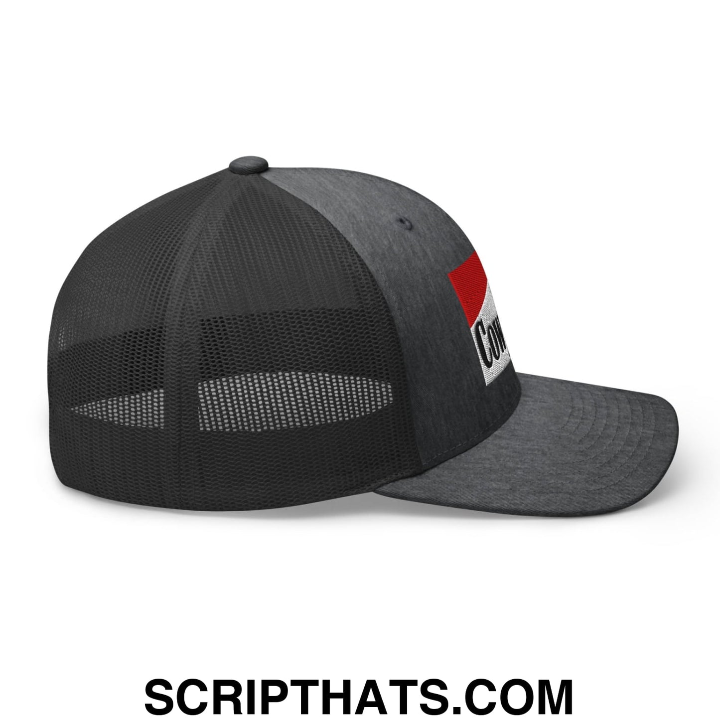 Black cowpoke embroidered mesh trucker hat with red and white logo on the side