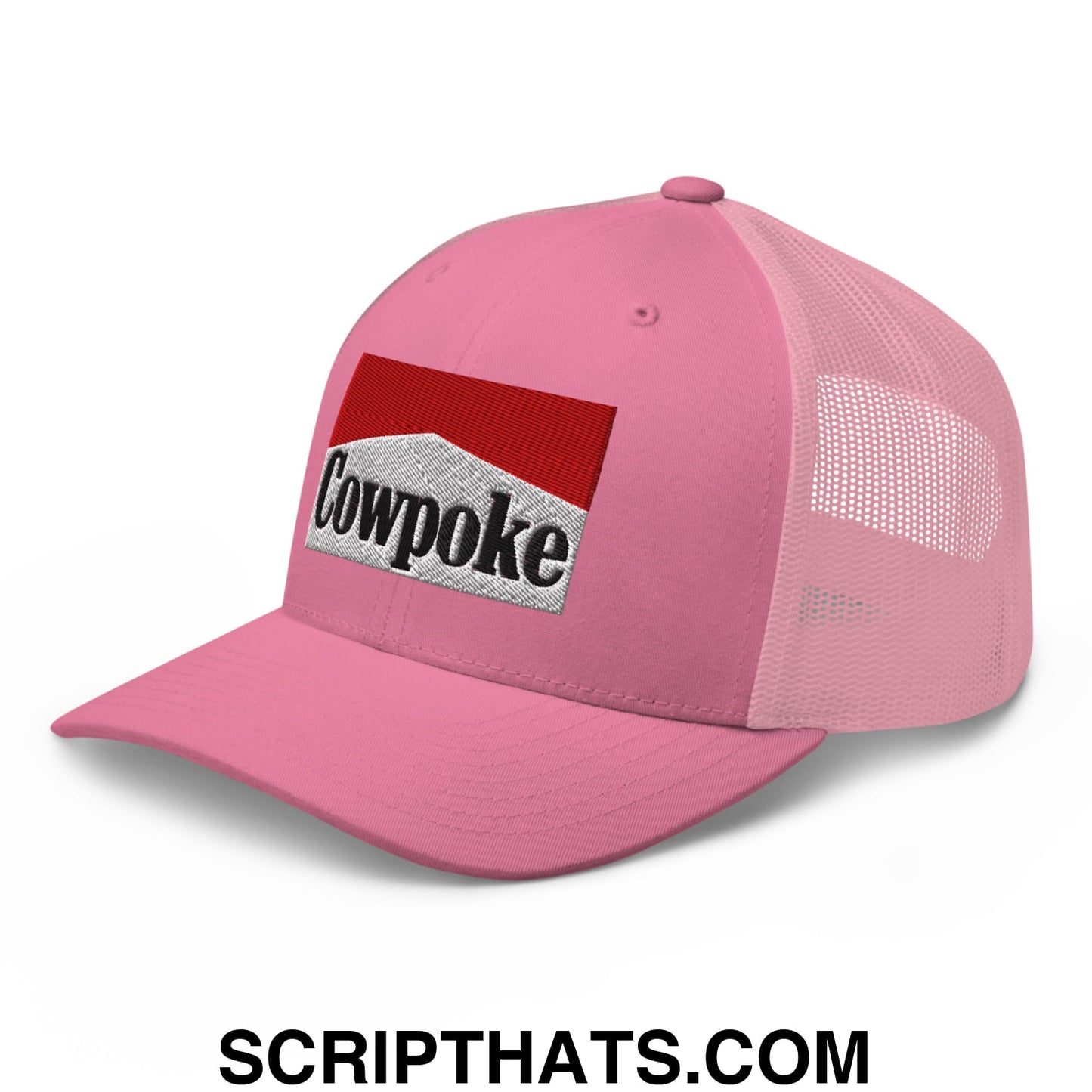 Pink mesh trucker hat with red and silver embroidered cowpoke logo on the front for casual wear