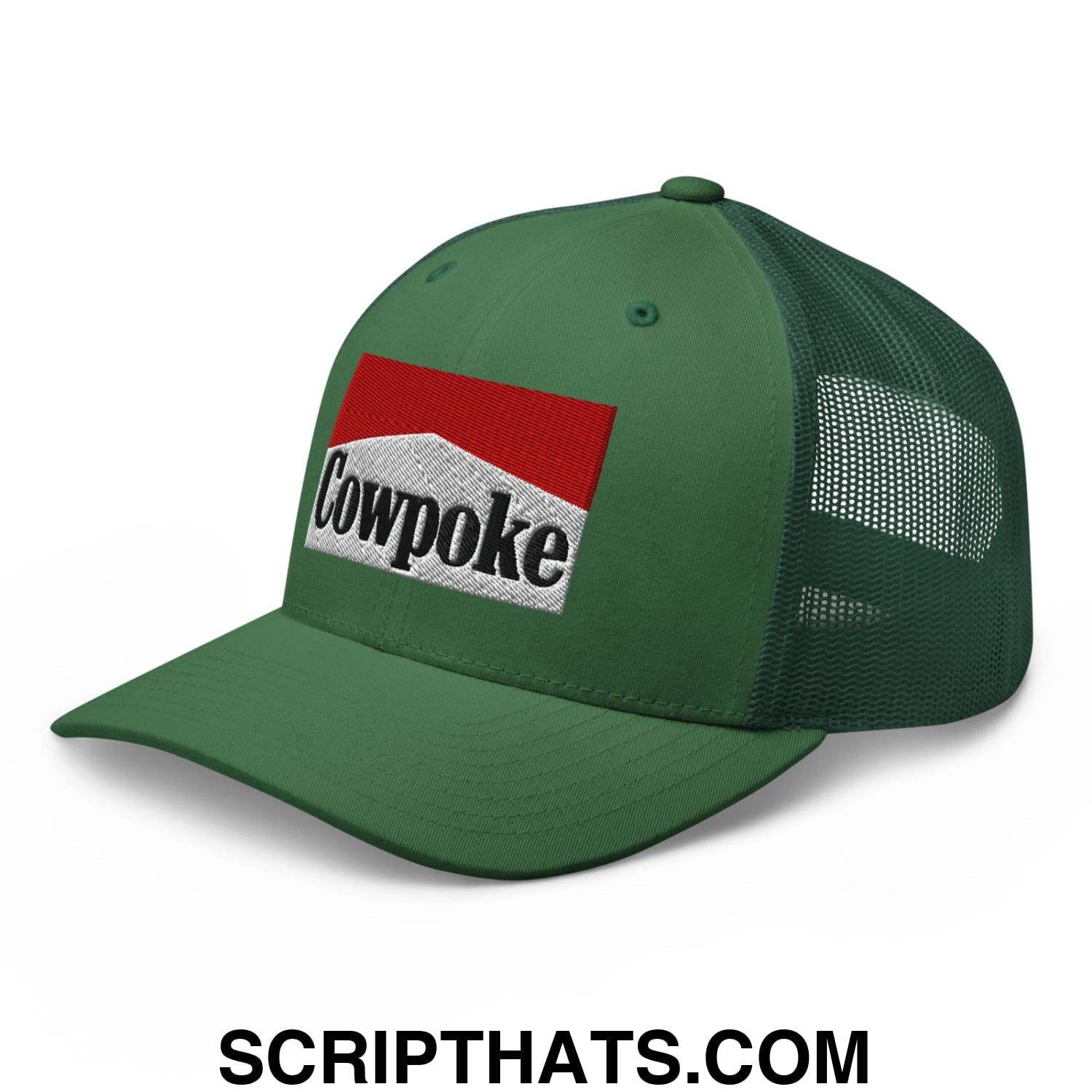 Green mesh trucker hat with red and white embroidered cowpoke logo on front for casual outdoor wear