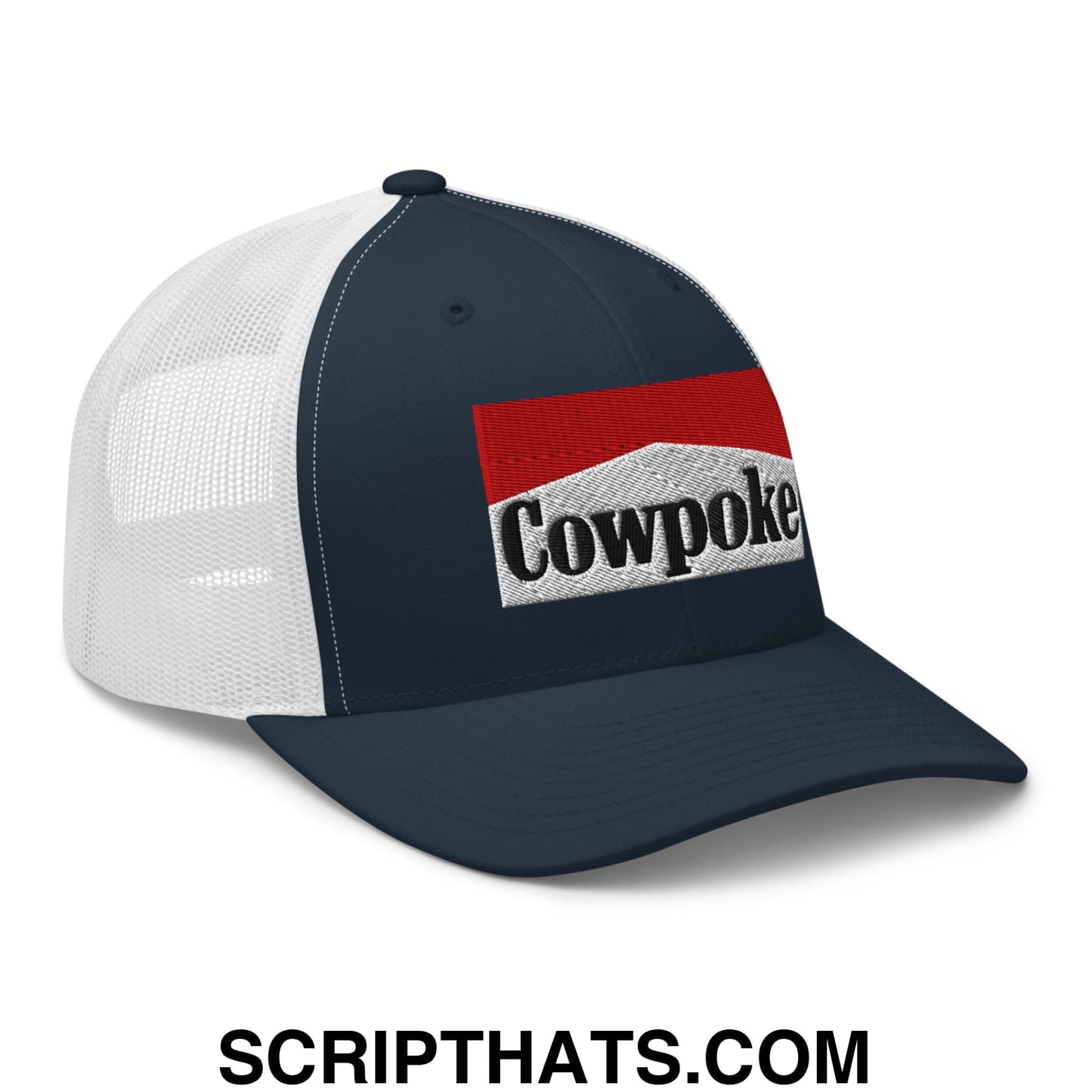 Navy blue and white mesh trucker hat with red and gray embroidered cowpoke logo patch front view