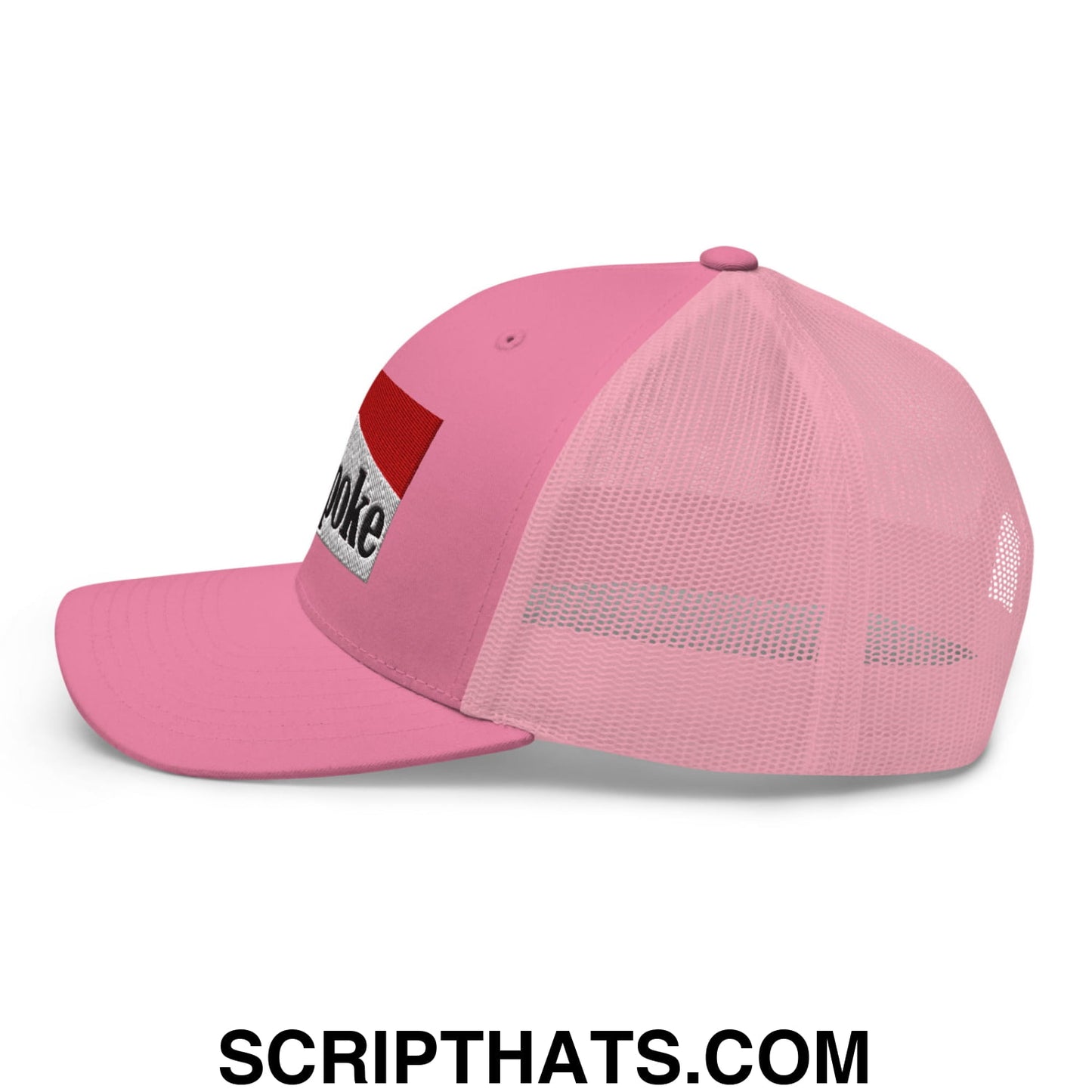 Pink mesh Cowpoke embroidered trucker hat with red and white patch featuring the word coke in black lettering