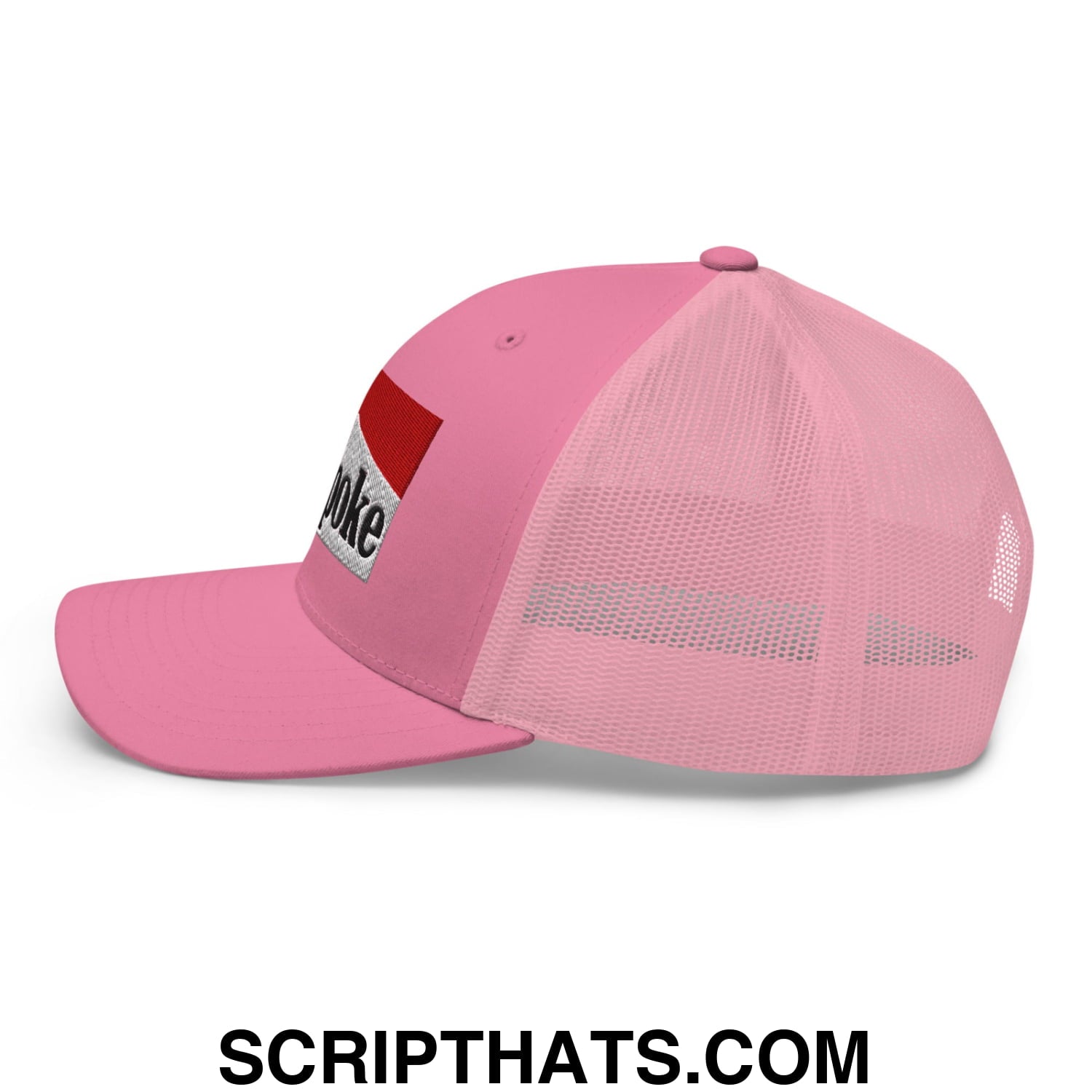 Pink mesh Cowpoke embroidered trucker hat with red and white patch featuring the word coke in black lettering