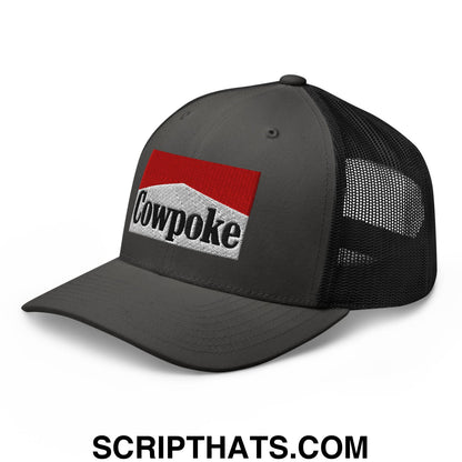 Dark gray mesh trucker hat with red and white embroidered cowpoke logo on the front panel