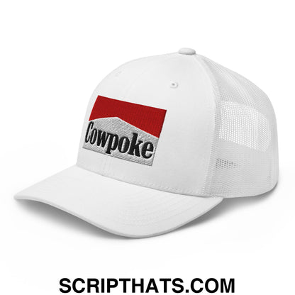 White mesh trucker hat with red and gray embroidered cowpoke logo on front for casual outdoor wear