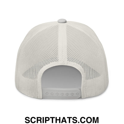 Off-white cowpoke embroidered mesh trucker hat with adjustable strap and breathable mesh back shown from the back side
