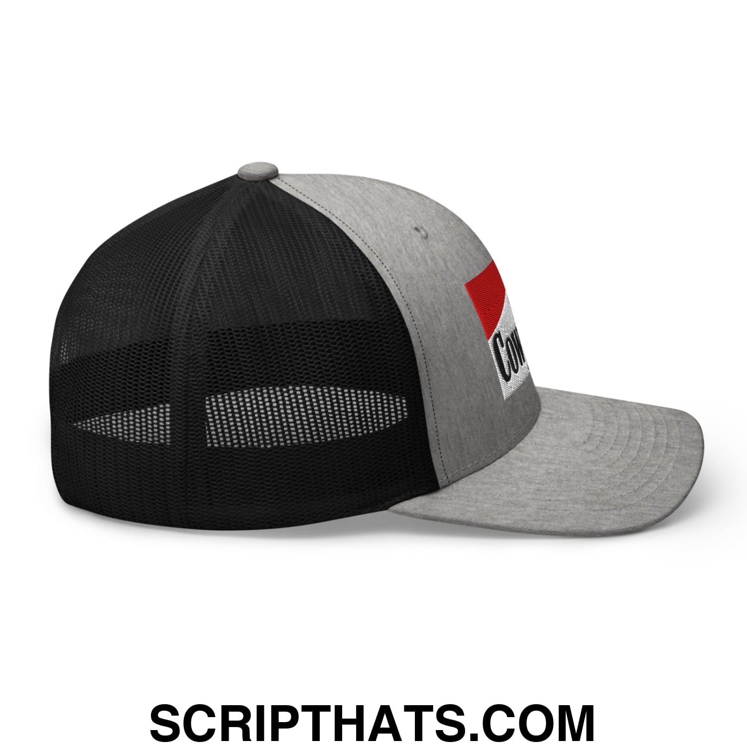 Gray and black cowpoke embroidered mesh trucker hat with red and white logo on the side