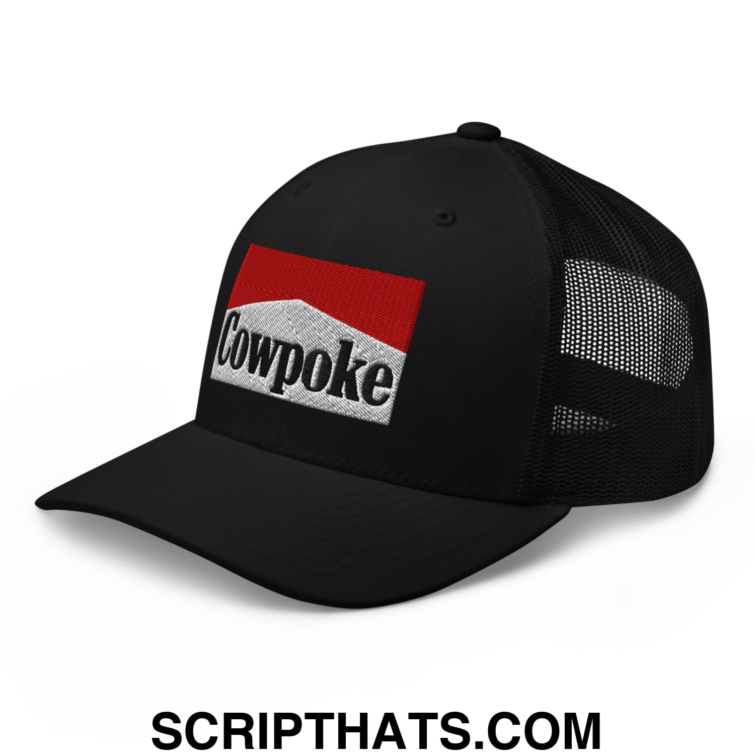 Black mesh trucker hat with red and white embroidered cowpoke logo on the front for casual wear