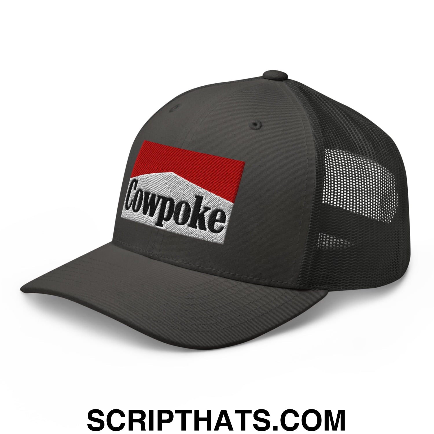 Black mesh trucker hat with red and white embroidered cowpoke logo on the front in cowpoke embroidered mesh trucker hat