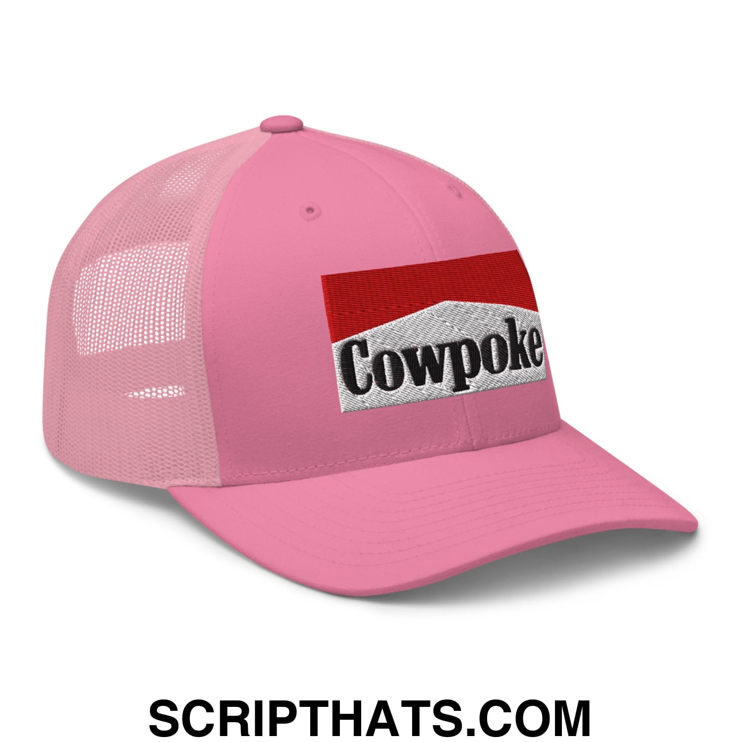 Pink mesh trucker hat with red and white embroidered cowpoke logo front in cowpoke embroidered mesh trucker hat