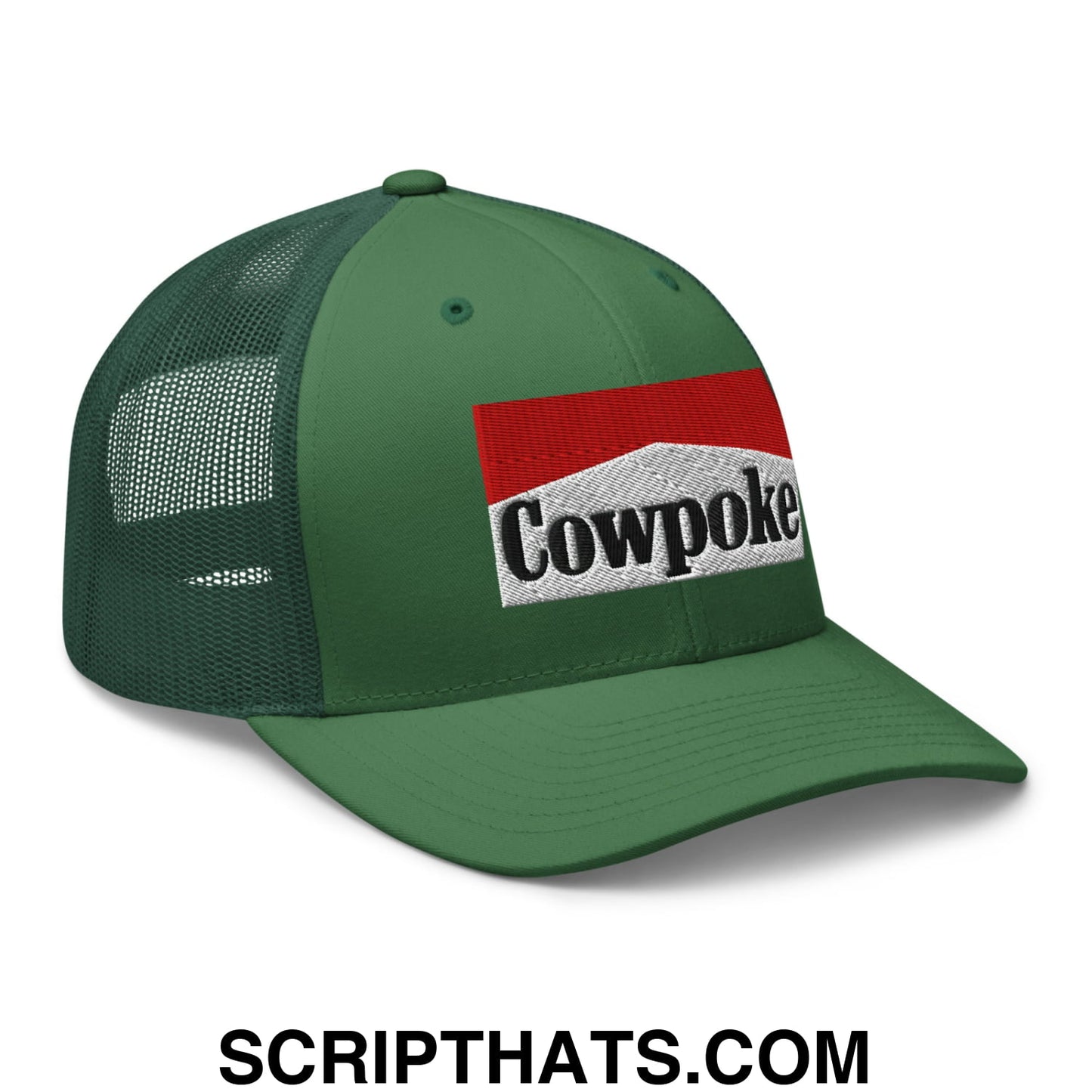 Green mesh trucker hat with red and white embroidered cowpoke logo on the front for casual wear