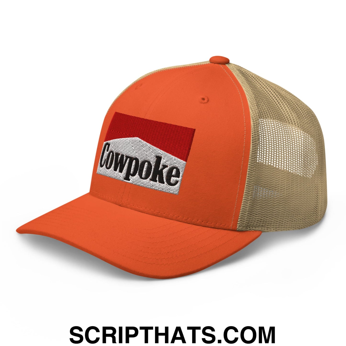 Orange and beige mesh trucker hat with red white and black embroidered cowpoke logo on the front