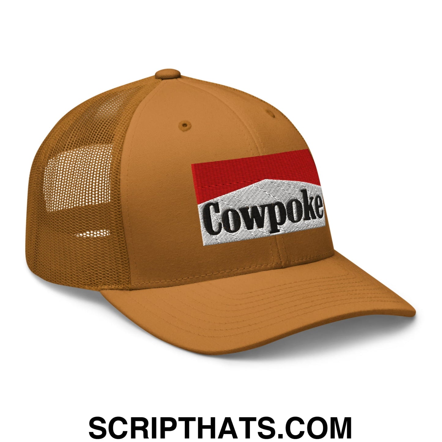 Tan mesh trucker hat with a red and white embroidered cowpoke logo patch on the front for casual wear