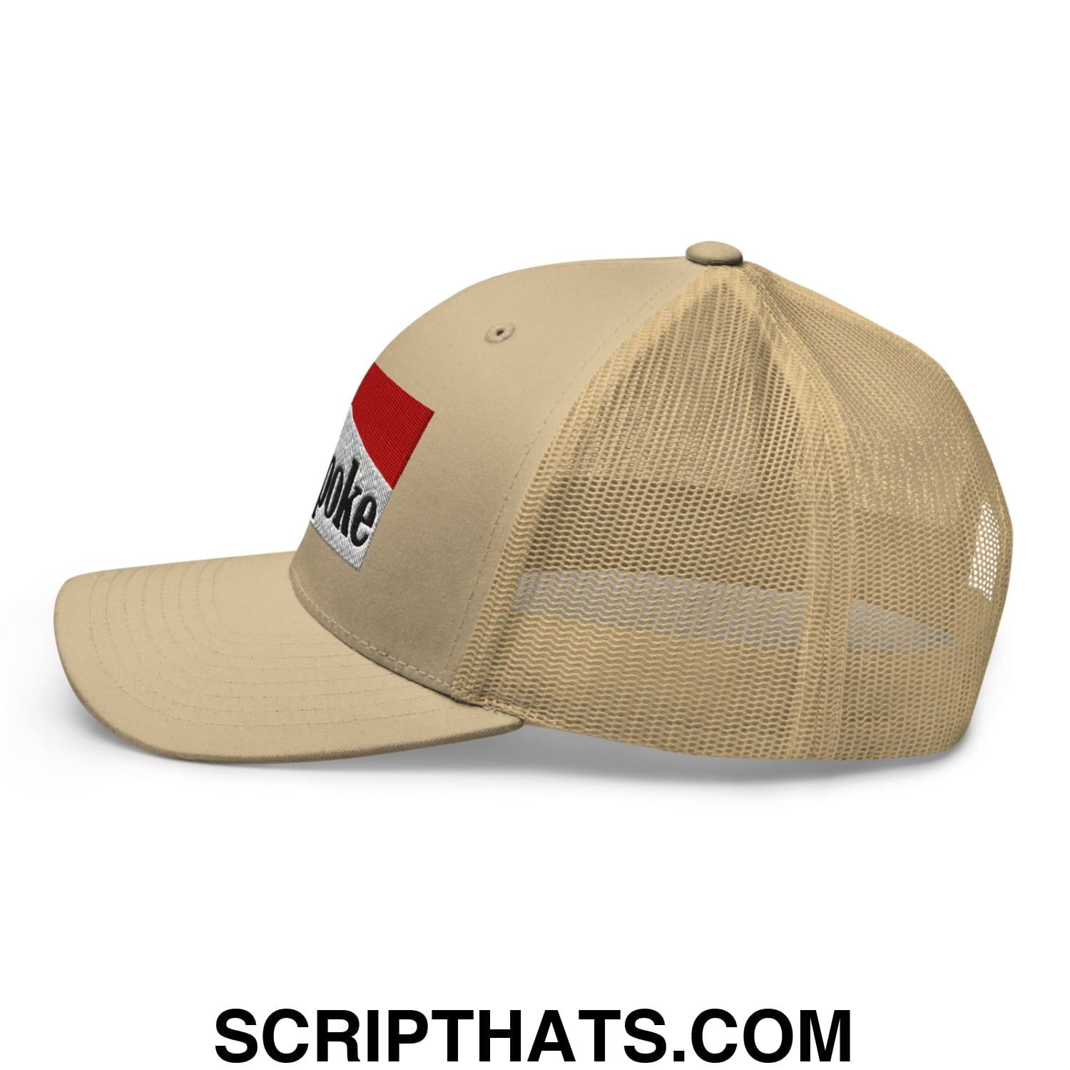 Beige cowpoke embroidered mesh trucker hat with red and white patch on the front for casual outdoor wear