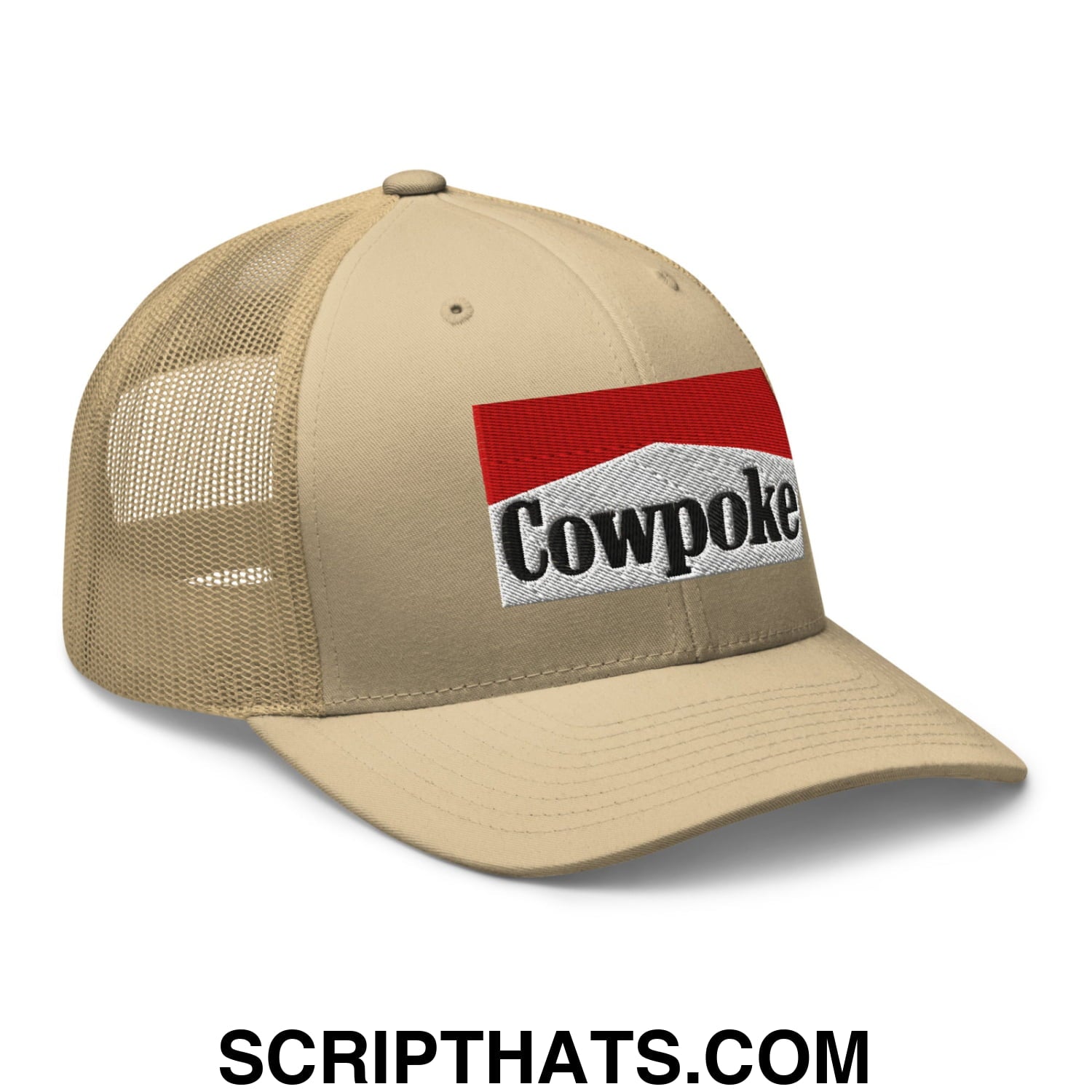 Beige mesh trucker hat with a red and white embroidered cowpoke logo patch perfect for casual wear