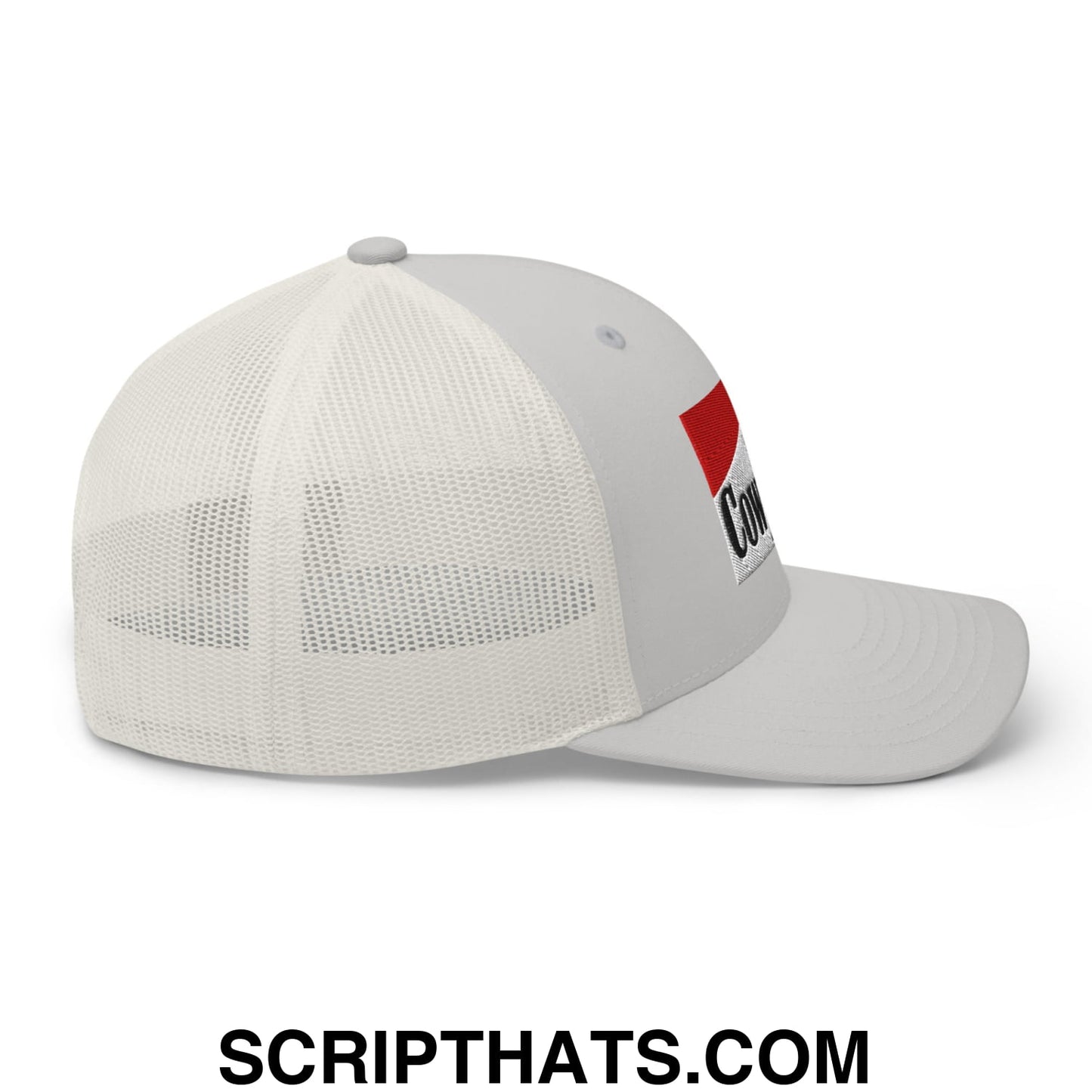 Gray cowpoke embroidered mesh trucker hat with white mesh back and red black logo patch on the side