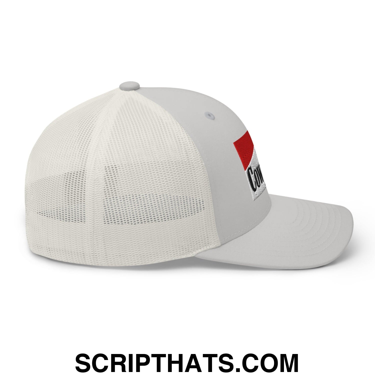 Gray cowpoke embroidered mesh trucker hat with white mesh back and red black logo patch on the side