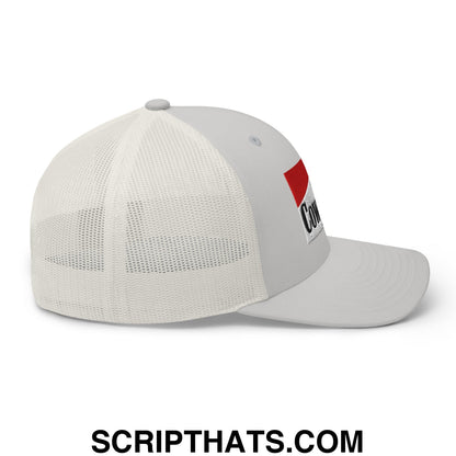 Gray cowpoke embroidered mesh trucker hat with white mesh back and red black logo patch on the side