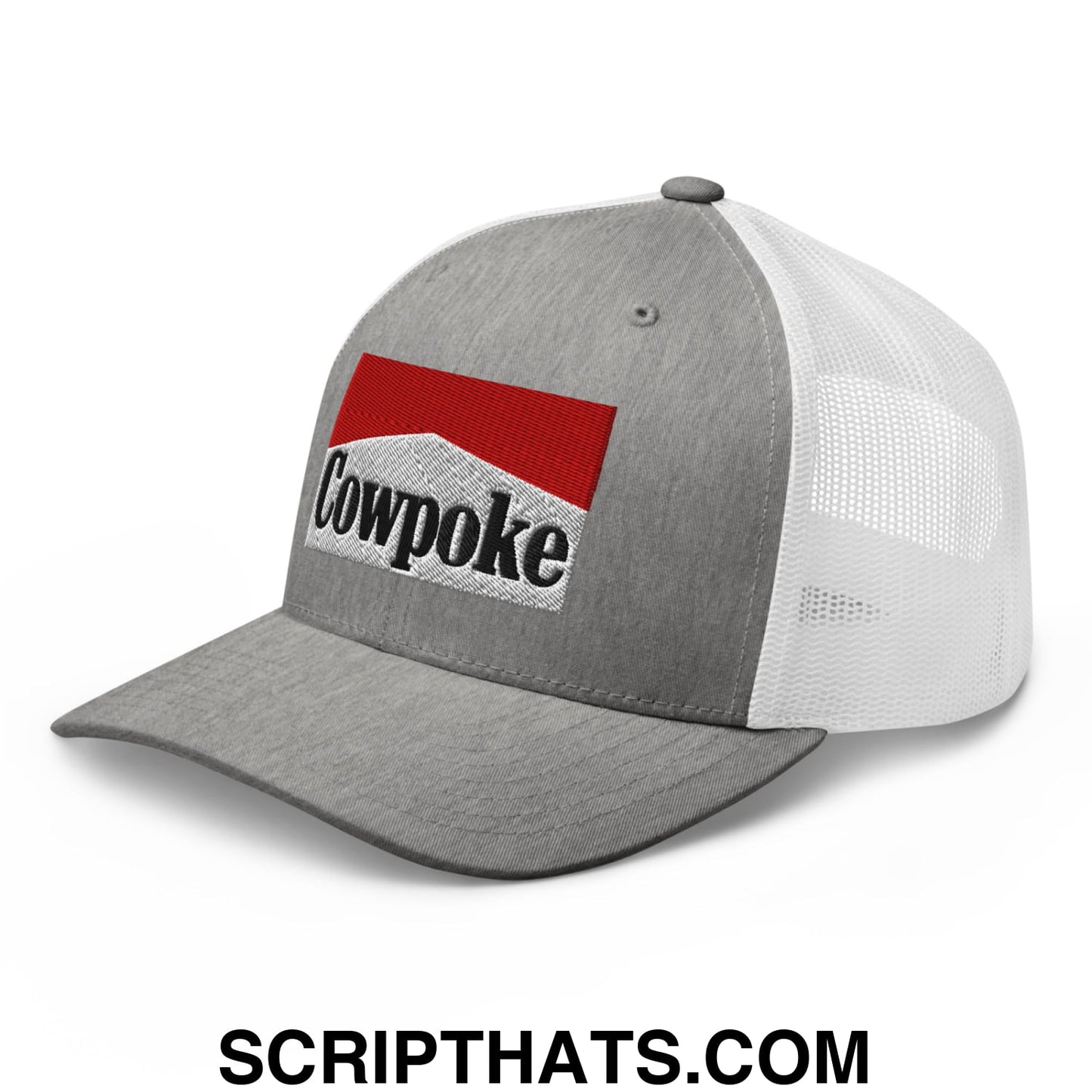 Gray and white mesh trucker hat with red and black embroidered cowpoke logo on the front panel
