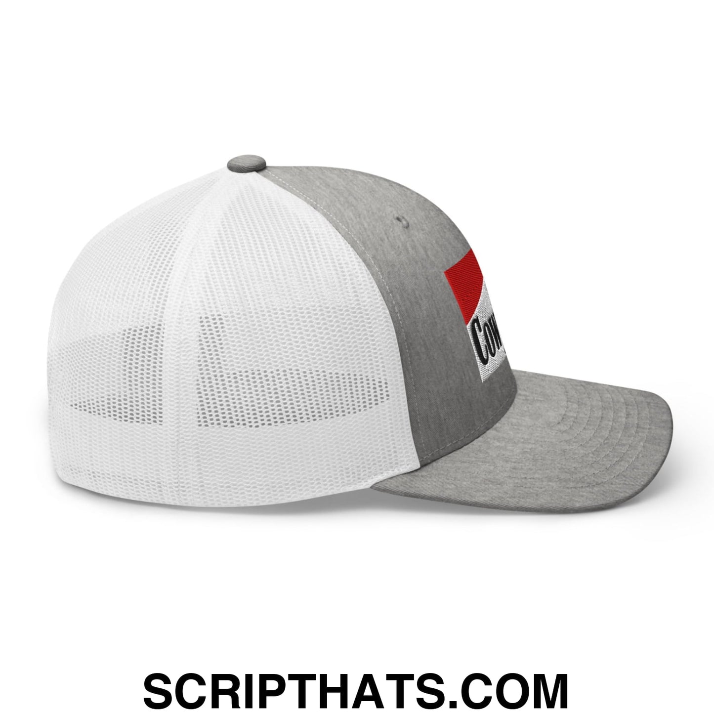 Gray and white cowpoke embroidered mesh trucker hat with red and black logo on the side
