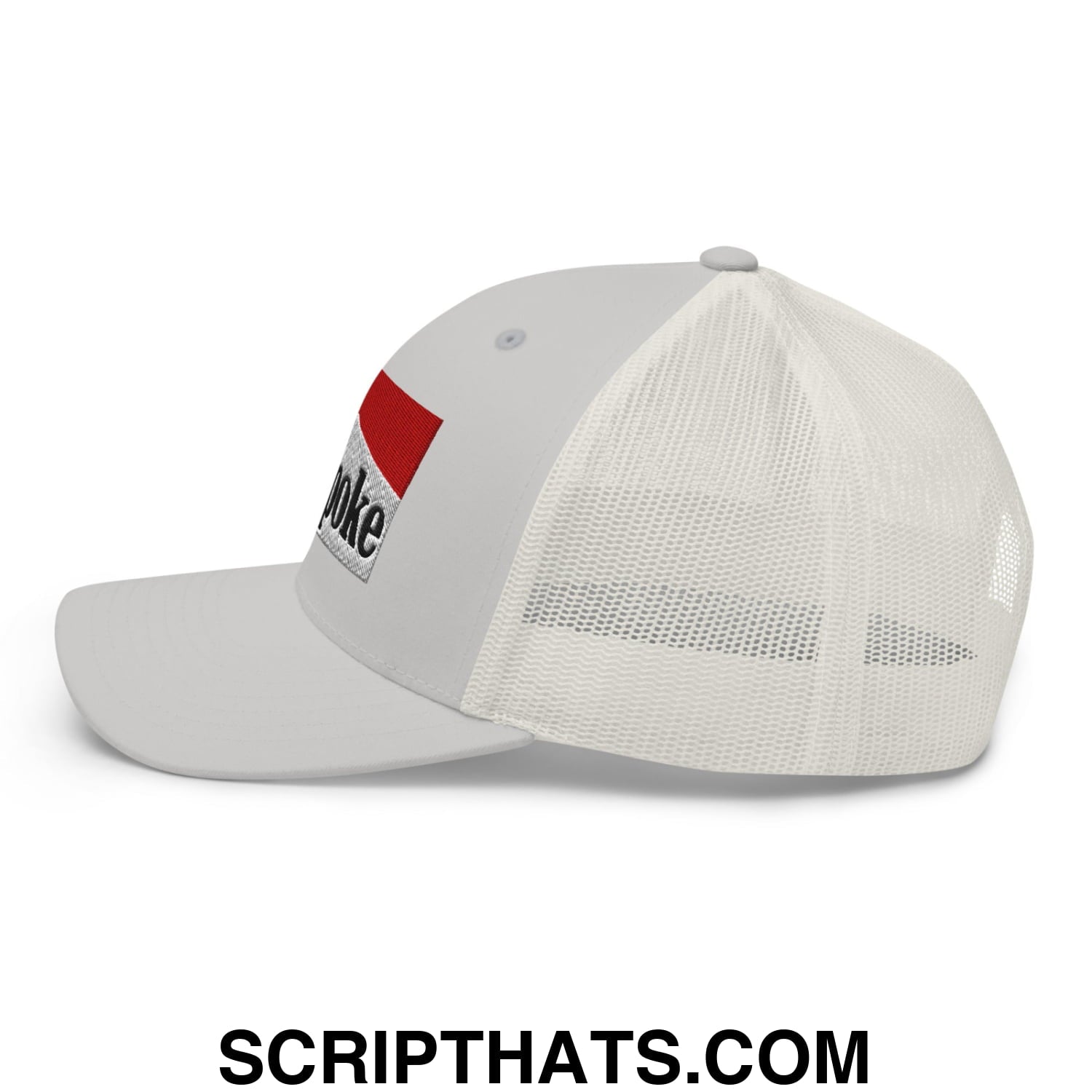 White mesh cowpoke embroidered trucker hat with red and black logo on front panel