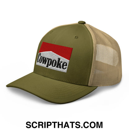 Olive green and tan mesh trucker hat with a red white and black embroidered cowpoke logo patch