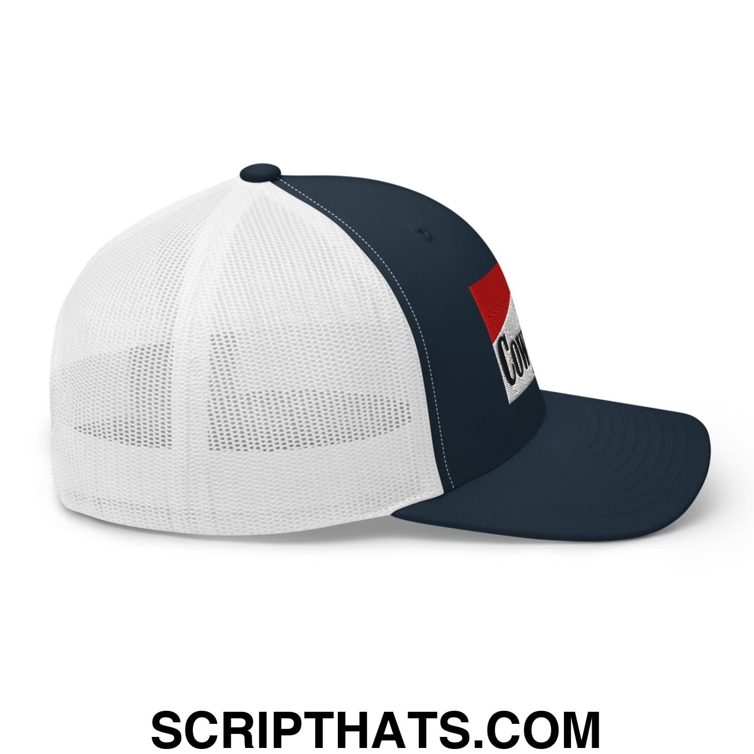 Navy blue and white cowpoke embroidered mesh trucker hat with a red and black logo on the side