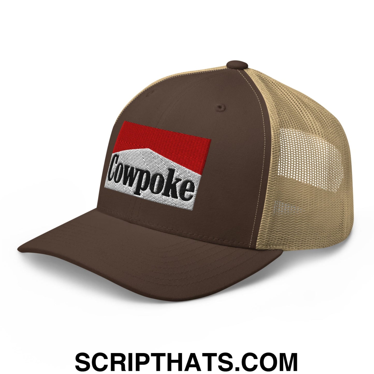 Brown and tan mesh trucker hat with red white and black embroidered cowpoke logo patch front view
