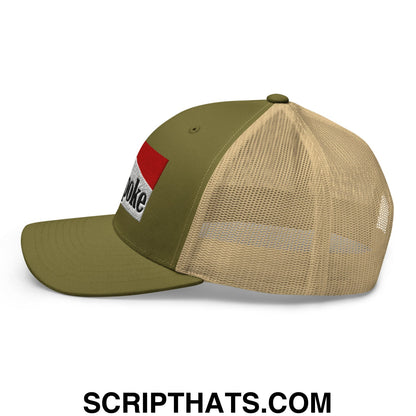Olive green and tan mesh trucker hat with a red white and black cowpoke embroidered patch on the front