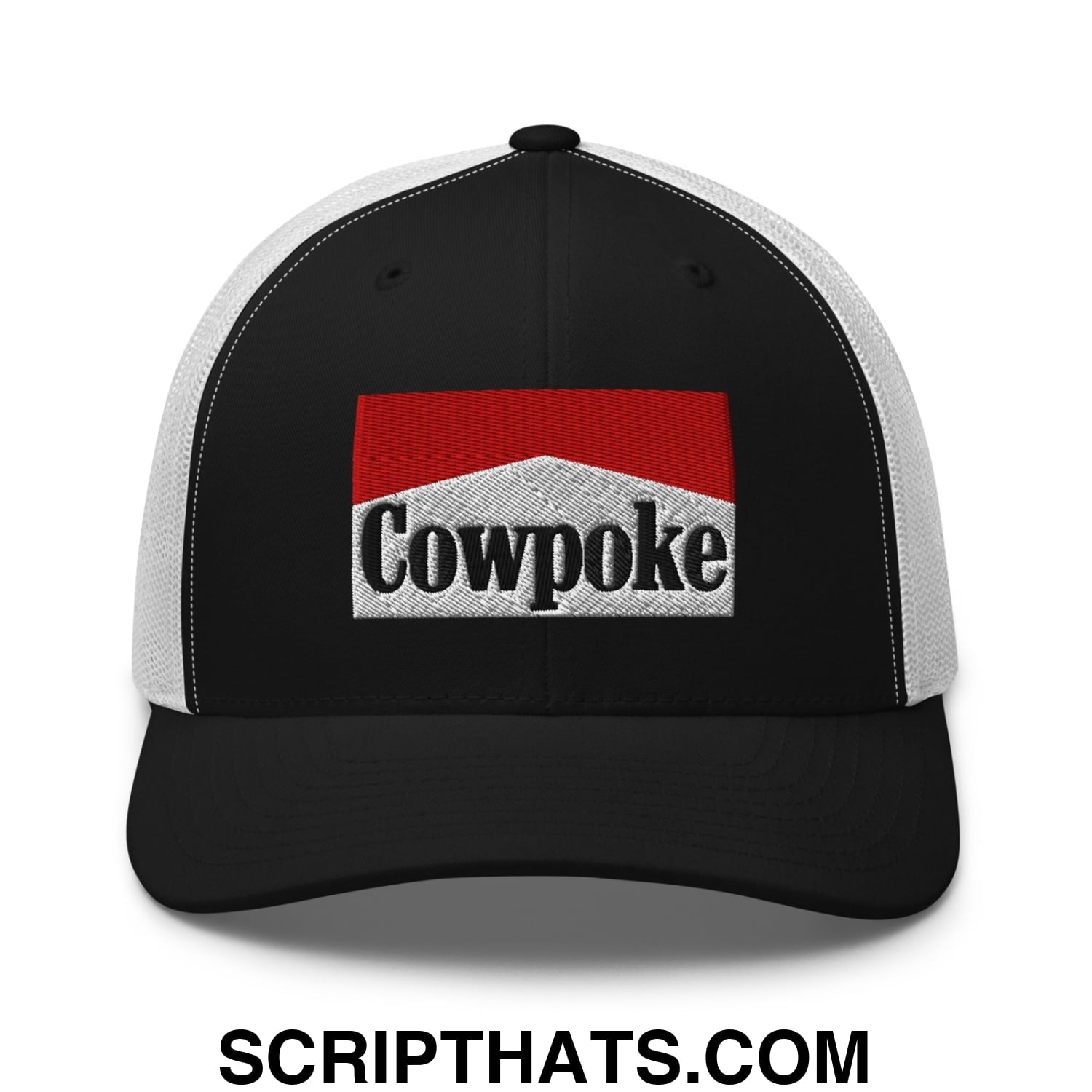 Black and white mesh trucker hat with red silver embroidered cowpoke logo and vintage textured design