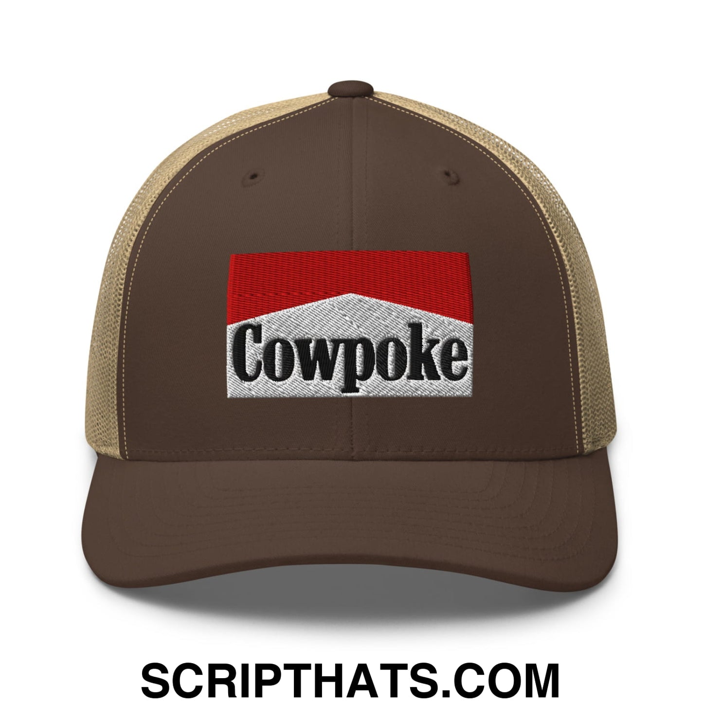 Brown and tan mesh trucker hat with red and white embroidered cowpoke logo on the front