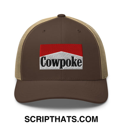 Brown and tan mesh trucker hat with red and white embroidered cowpoke logo on the front