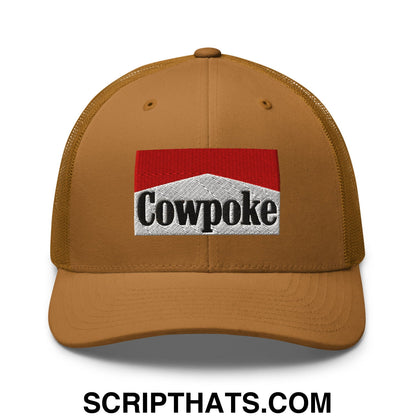 Tan mesh trucker hat with red and white embroidered cowpoke logo perfect for casual outdoor wear