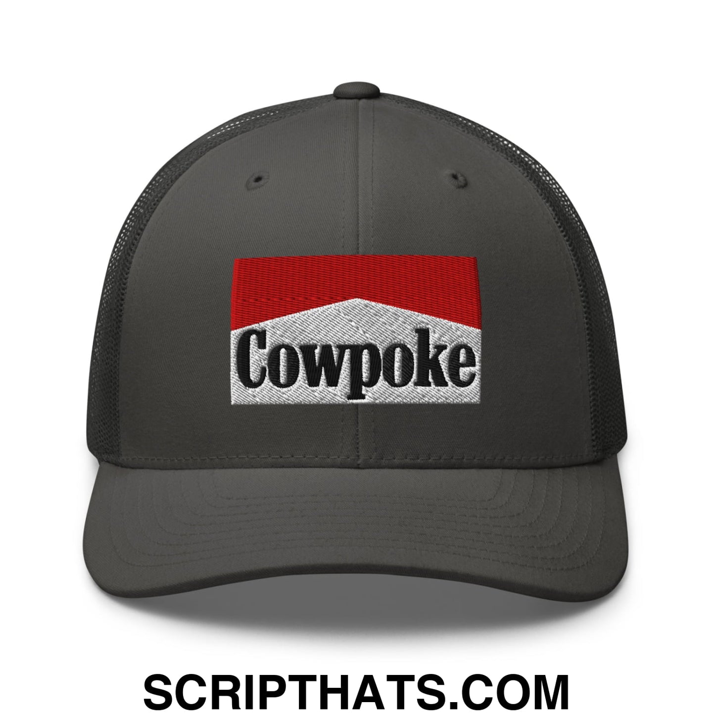 Dark gray mesh trucker hat with embroidered cowpoke logo in red and white inspired by Marlboro design