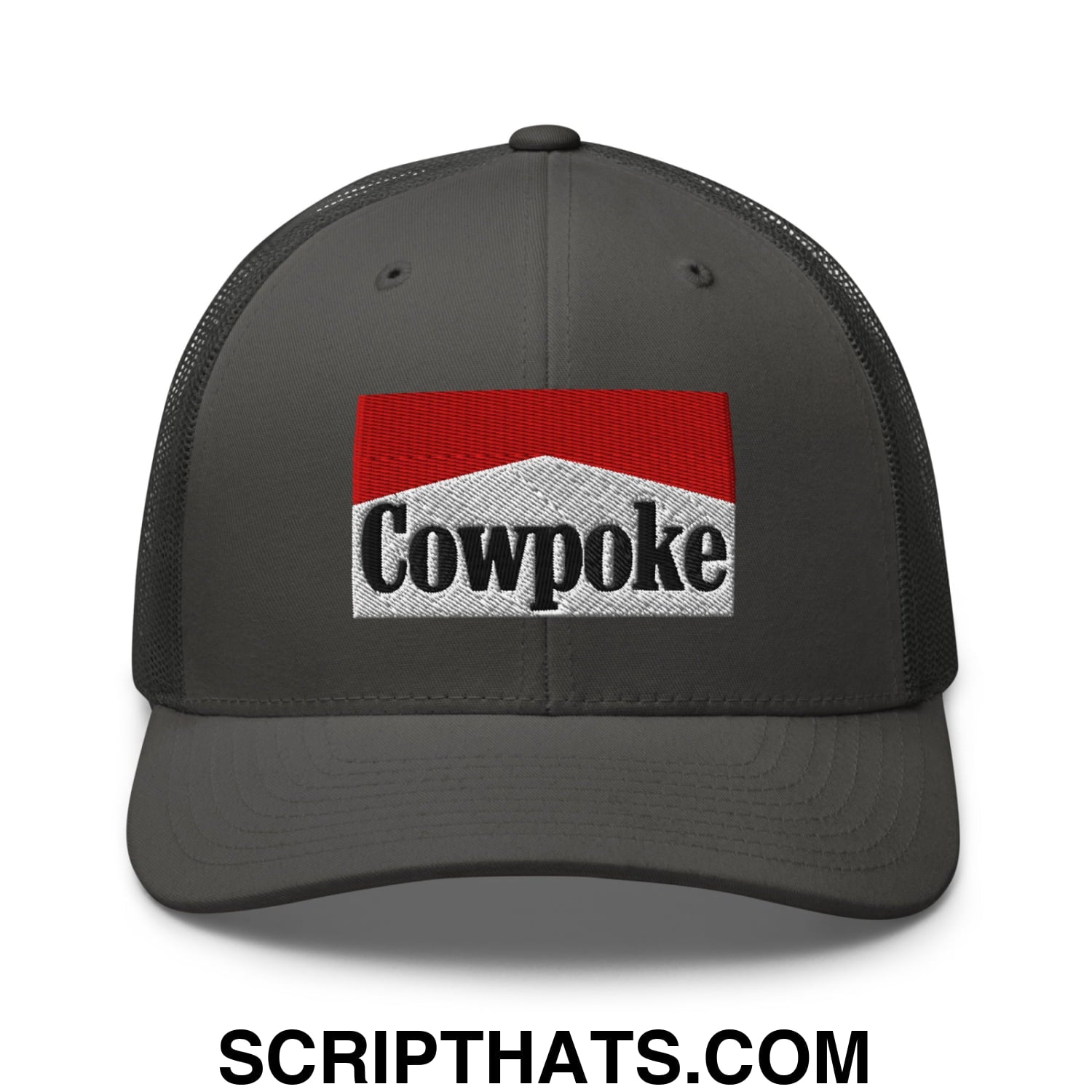 Dark gray mesh trucker hat with embroidered cowpoke logo in red and white inspired by Marlboro design