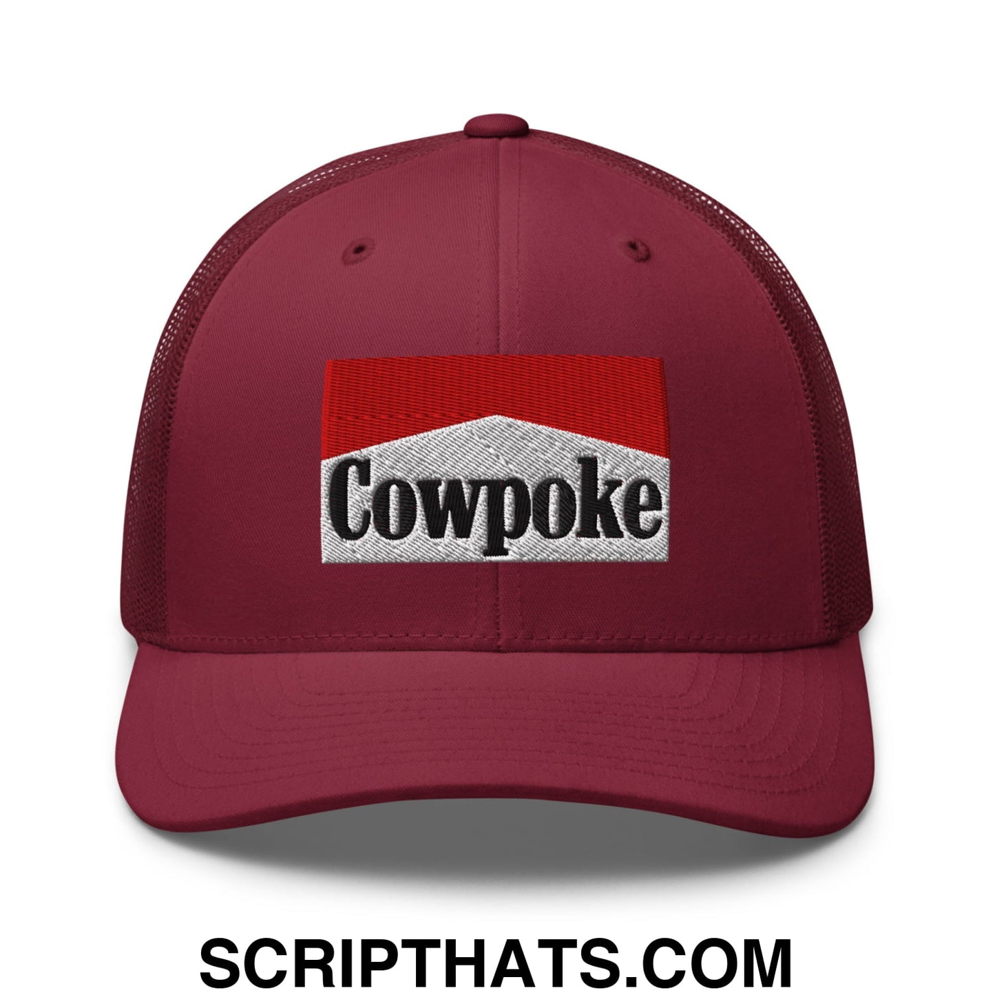 Maroon mesh trucker hat with red and white embroidered cowpoke logo featuring breathable back panels