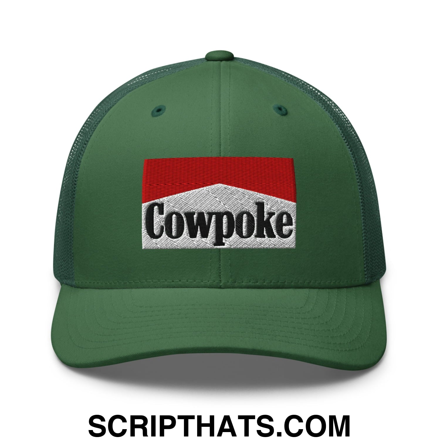 Green mesh trucker hat with red and white embroidered cowpoke logo for casual outdoor wear