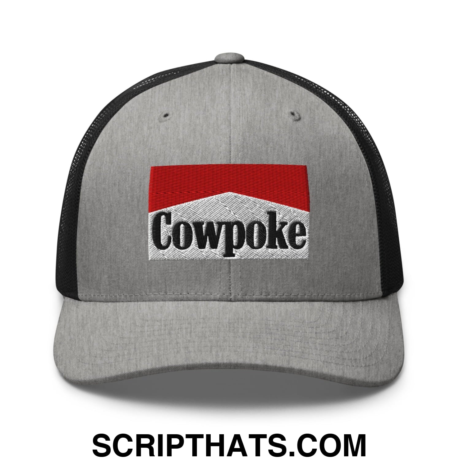 Gray mesh trucker hat with black back and red and white embroidered cowpoke logo branded front panel
