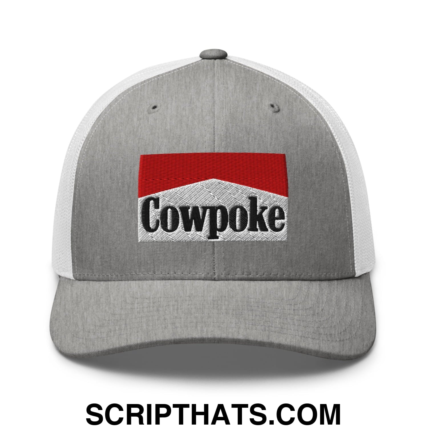 Gray and white mesh trucker hat with an embroidered cowpoke logo in red and silver design